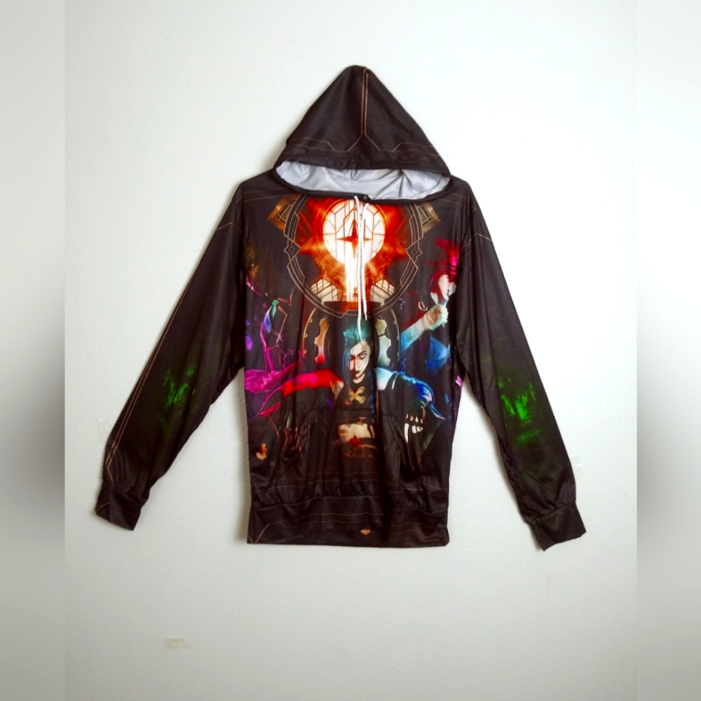 Men's Pullover Hoodie Top Game Prints Light Weight Size L Black Casual